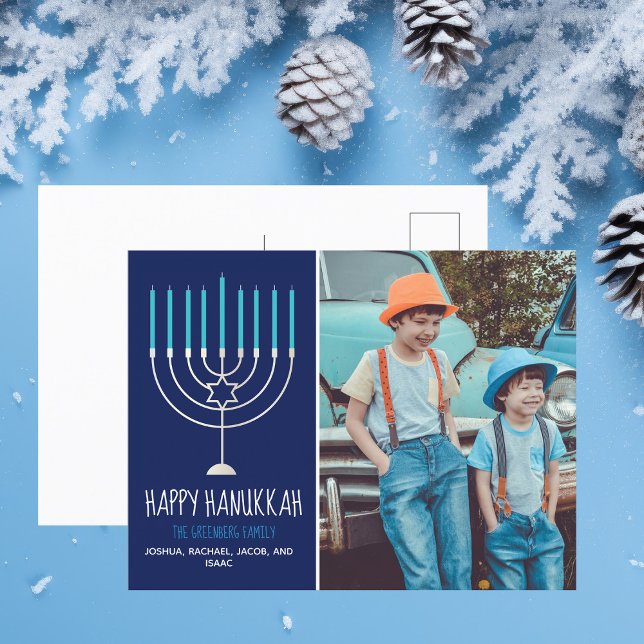 Carte Postale Photo de famille moderne Happy Hanoukka Bleu (Créateur téléchargé)