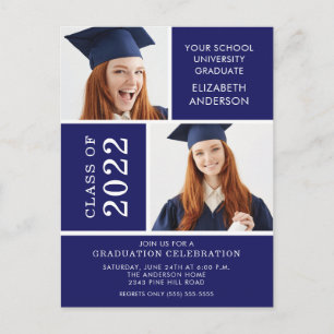 Carte Postale Photo de graduation Invite Classy Blue & White