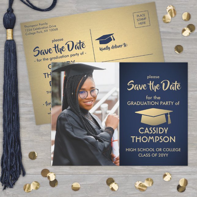 Carte Postale Photo de la Marine Blue and Gold Graduation Enregi (Créateur téléchargé)