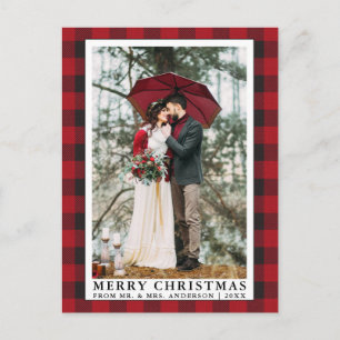 Carte Postale Photo de mariage de Noël plaid rouge buffle Merry 