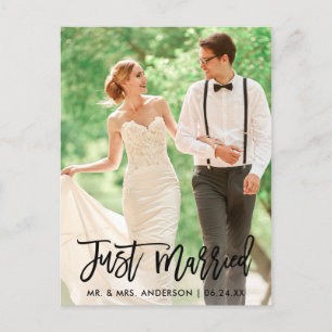 Carte Postale Photo de mariage moderne 'Juste mariés' écriture p
