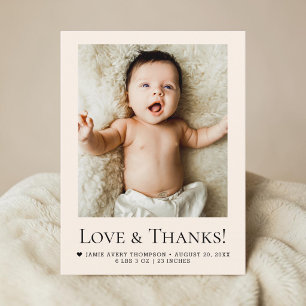 Carte Postale Photo de naissance bébé beige Amour et Merci
