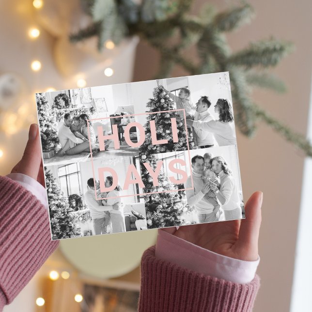 Carte Postale Photo de Noël à quatre de famille | Vacances roses (Créateur téléchargé)