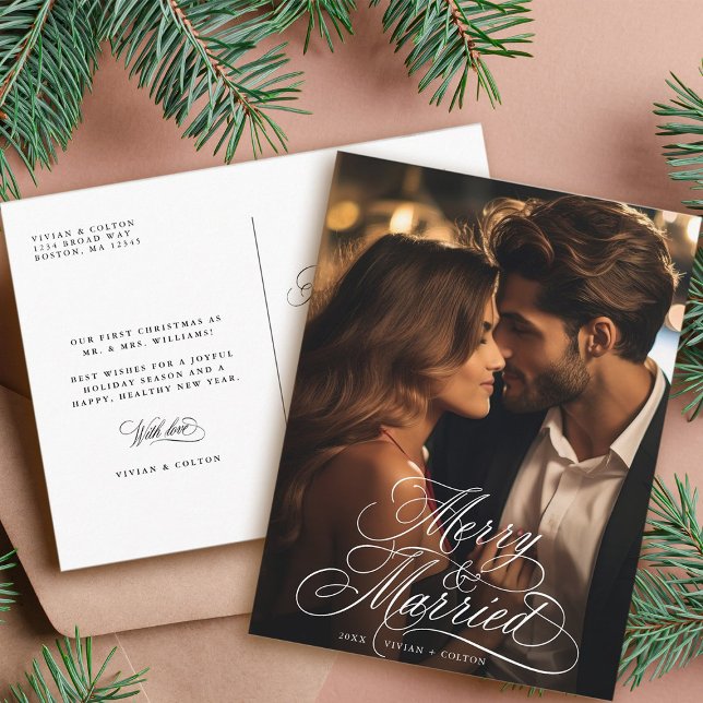 Carte Postale Photo de Noël des jeunes mariés Merry & Married (Front & Back)