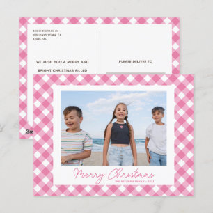 Carte postale photo de Noël gingham rose moderne