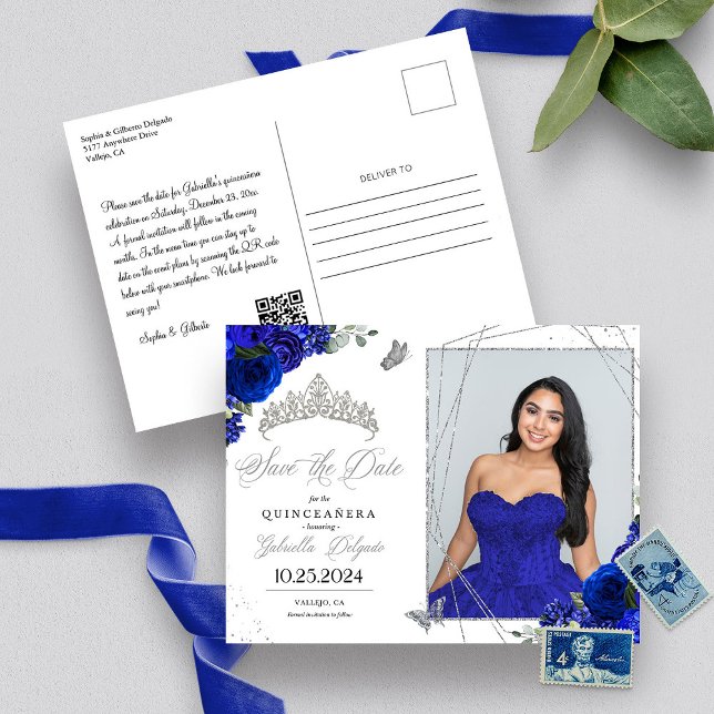 Carte Postale Photo de Quinceañera au diadème bleu royal et arge (Créateur téléchargé)