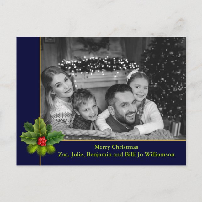 Carte Postale Photo en noir et blanc avec cadre de houx (Devant)