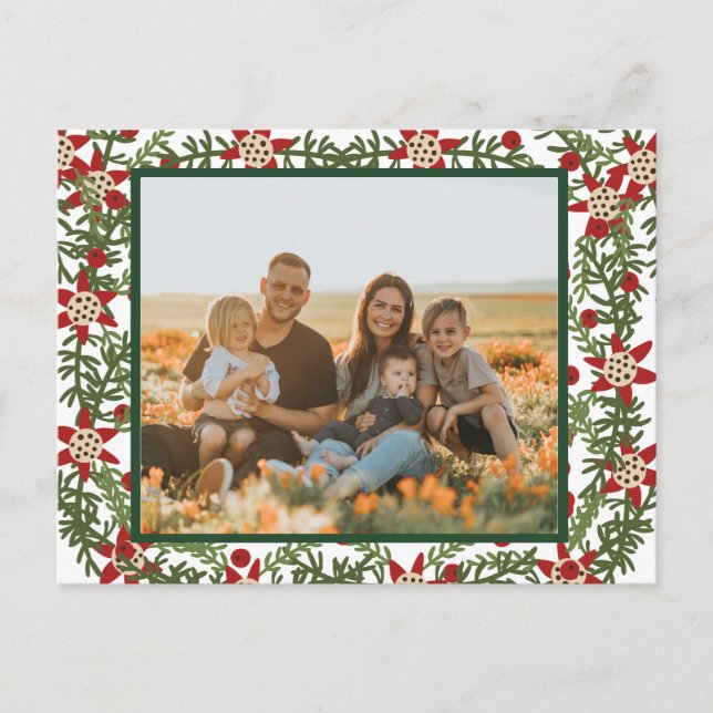 Carte Postale Photo Famille Rouge Vert Floral Noël (Devant)