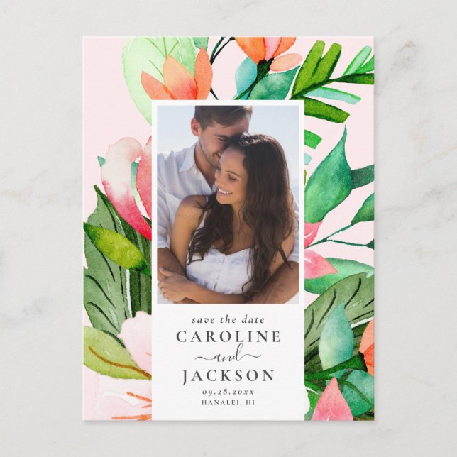 Carte Postale Photo florale tropicale Enregistrer la date (Devant)