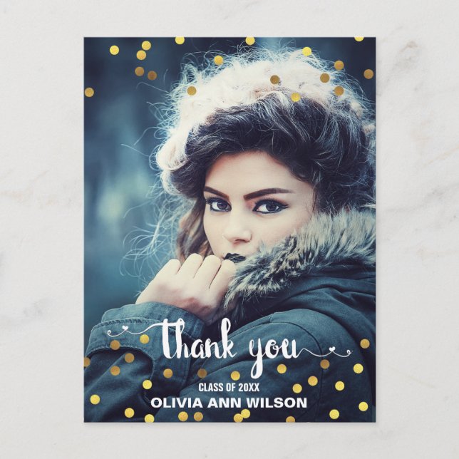 Carte Postale Photo Graduation Merci Faux Gold Foil Confetti (Devant)