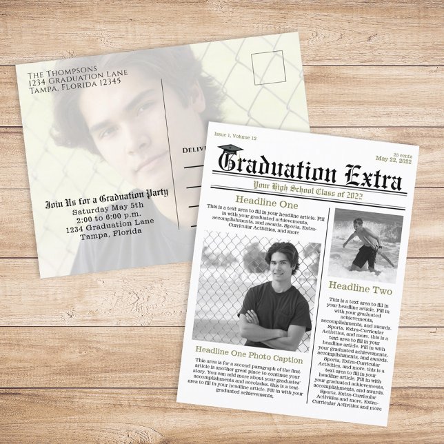 Carte Postale Photo graduée Simple Trendy Newspaper moderne (Graduation photo invitation announcement postcard with unique Newspaper design.)