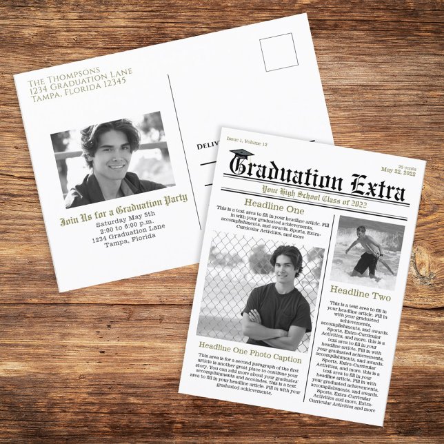 Carte Postale Photo graduée Simple Trendy Newspaper moderne (Graduation announcement postcard invitation with a whimsical Newspaper theme. )