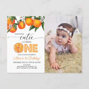 Carte Postale Photo Little Cutie Orange 1er anniversaire Invitat