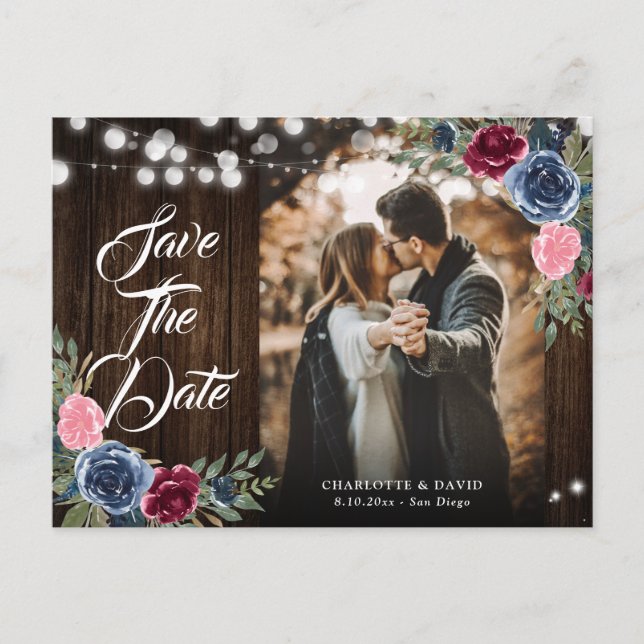 Carte Postale Photo Mariage floral rose bleu marine Bourgogne (Devant)