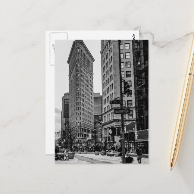Carte Postale Photo noire et blanche de bâtiment de Flatiron (Devant/Arrière en situation)