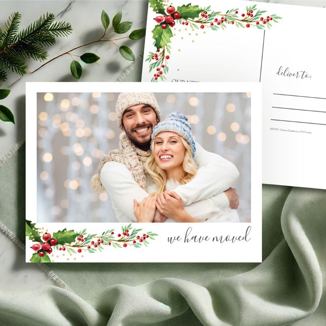 Carte Postale Photo Nouvelle maison Noël (Christmas photo postcard watercolor red and green botanicals moving announcement by VG Invites)
