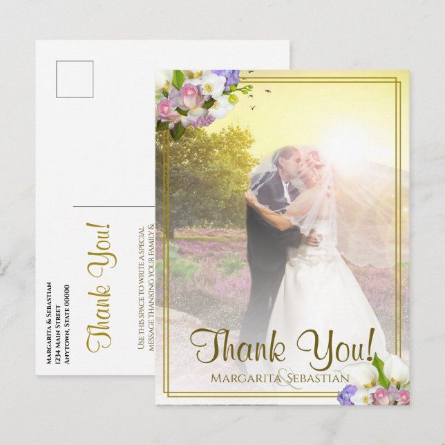 Carte Postale Photo Pastel Floral Gold Frame Wedding Thank You (Devant / Derrière)