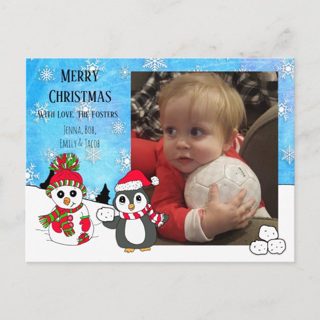Carte Postale Photo personnalisée Penguin de Noël et Snowman (Devant)