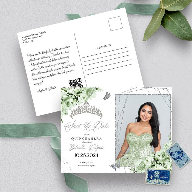 Carte postale photo Quinceañera Tiara Argent Vert  (Créateur téléchargé)
