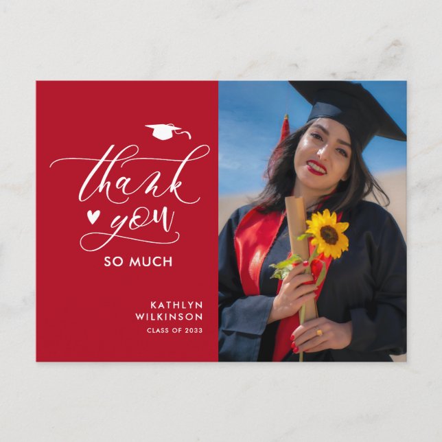 Carte Postale Photo rouge moderne Merci de graduation simple (Devant)