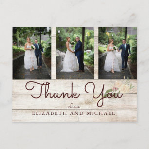 Carte Postale Photo Rustic Wood Floral Mariage Moderne Merci
