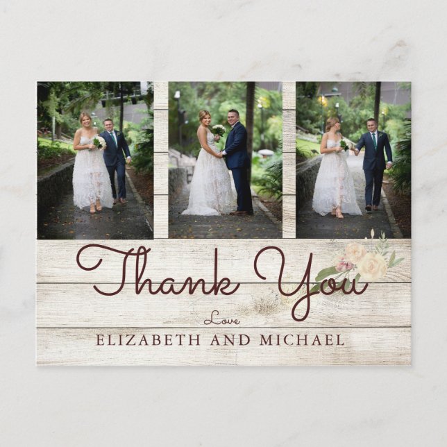 Carte Postale Photo Rustic Wood Floral Mariage Moderne Merci (Devant)