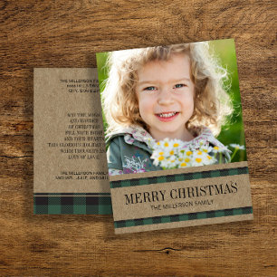 Carte Postale Photo rustique de Noël avec plaid Buffalo vert et