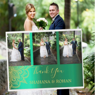 Carte Postale Photo Style Indien Vert Mariage Merci d'or