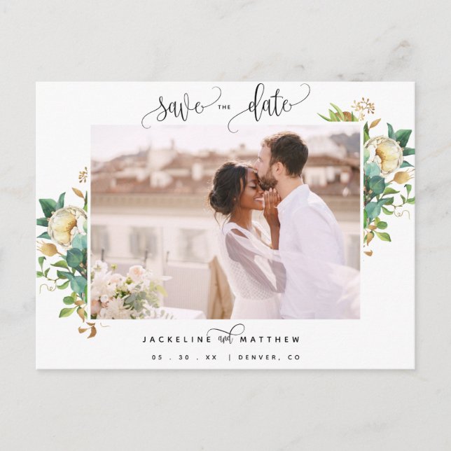Carte Postale Photo, Verdure et Blanc, Mariage Sauvez la date (Devant)