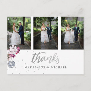Carte Postale Photo x 3 Elégant mariage Merci Disco Argent