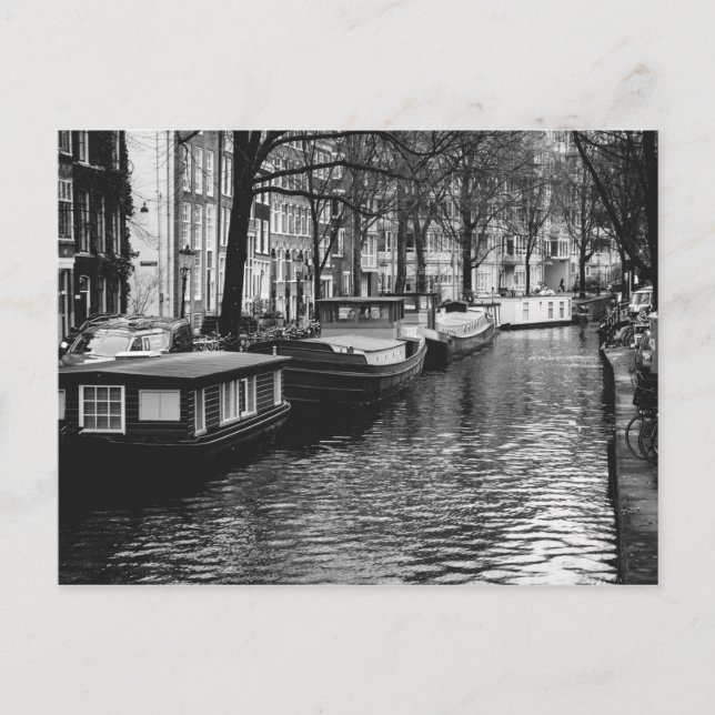 Carte Postale Photographie du canal d'Amsterdam noir et blanc (Devant)