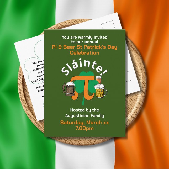 Carte postale PI ET BEER JOUR DE LA SAINT PATRICK  (Fun Irish-themed St Patrick's Day Pi and Beer postcard invitation, combined with Pi symbol.)
