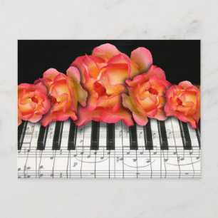 Carte Postale Piano Keyboard Roses et notes musicales