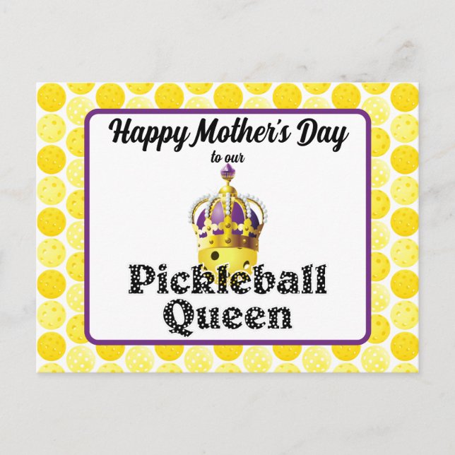 Carte Postale Pickleball Queen, Balle Jaune Violet, Couronne Or (Devant)
