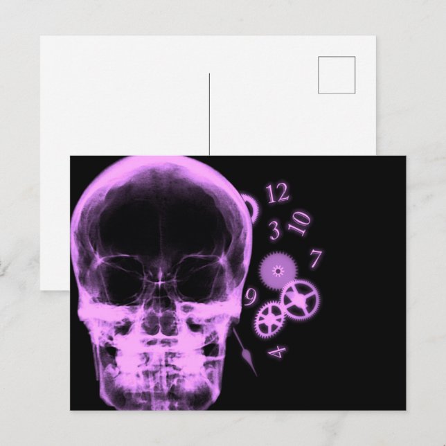 Carte Postale Pièces de crâne et d'horloge à rayons X - rose (Devant / Derrière)