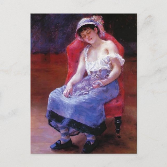 Carte Postale Pierre Renoir - Dormir (Fille avec chat) (Devant)