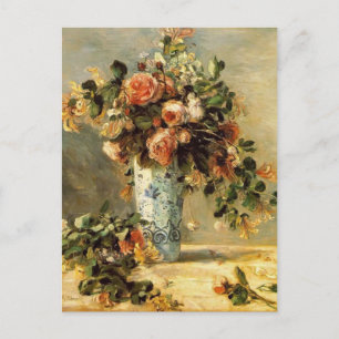 Carte Postale Pierre Renoir - Roses et Jasmin dans un vase Delft