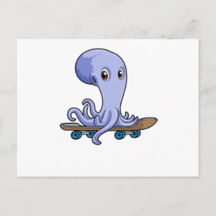 Carte Postale Pieuvre en patineur avec planche à roulettes