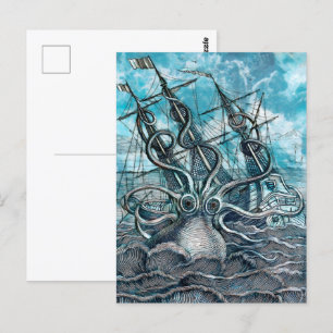 Carte Postale Pieuvre géante Mer Bleue Monstre Voilier