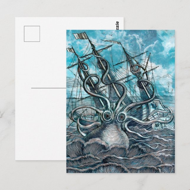 Carte Postale Pieuvre géante Mer Bleue Monstre Voilier (Devant / Derrière)
