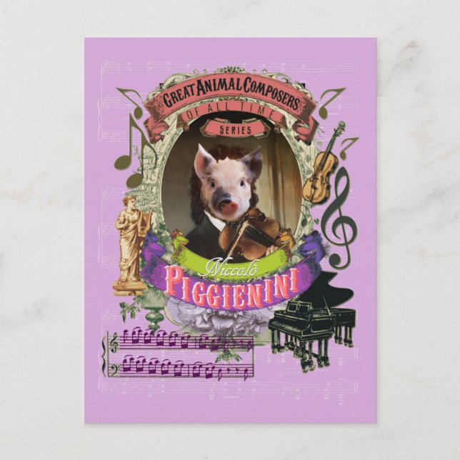 Carte Postale Piggienini Funny Cochon Animal Composer Paganini (Devant)