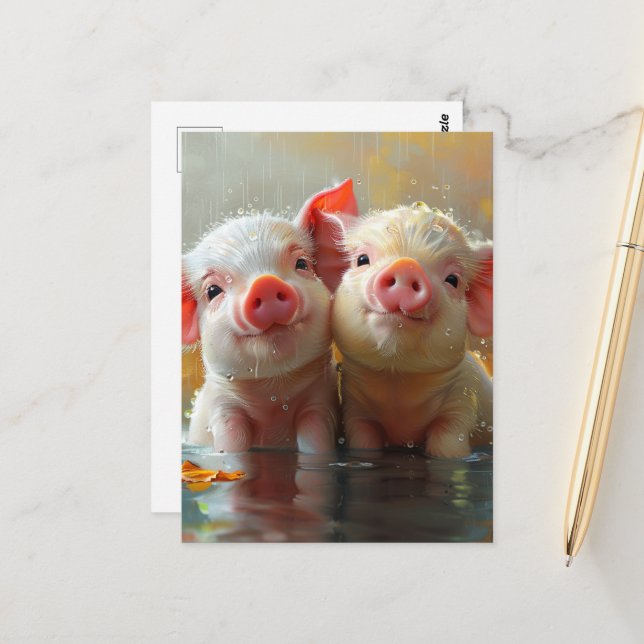Carte Postale Piglets adorables dans la pluie (Devant/Arrière en situation)
