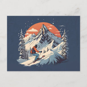 Carte Postale Pin de montagne vintage Ski orange coucher de sole