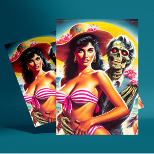 Carte Postale Pin-up de plage zombie flippant