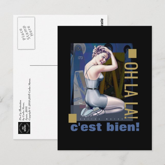 Carte Postale Pin-up Girl avec Arrière - plan industriel (Devant / Derrière)