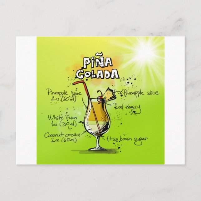 Carte Postale Pina Colada Cocktails Recette (Devant)
