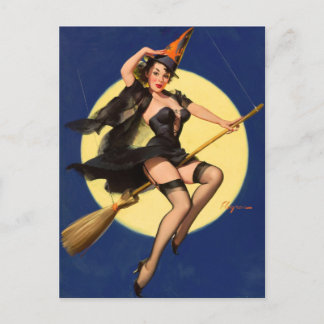 Carte Postale Pinceau de sorcière volante rétro