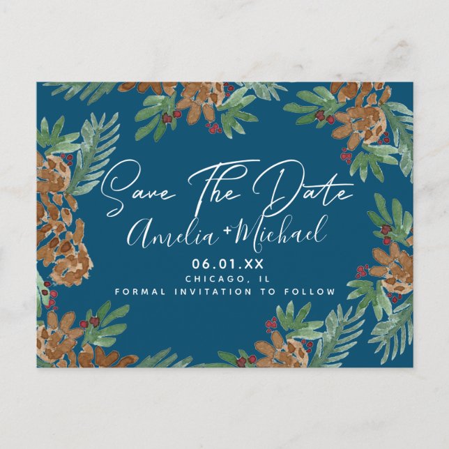 Carte Postale Pinecones d'aquarelle de Noël Enregistrer la date (Devant)