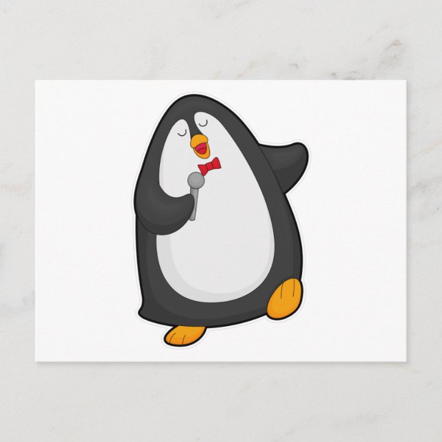 Carte Postale Pingouin à chanter avec microphone et Cravate (Devant)