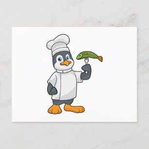 Carte Postale Pingouin à cuire avec tablier de poisson et de Cui